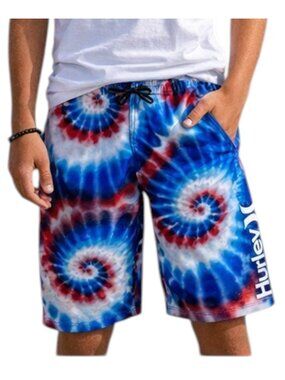 Hurley Swim Trunks Red Blue Tie Dye Elastic Waist XL 18/20